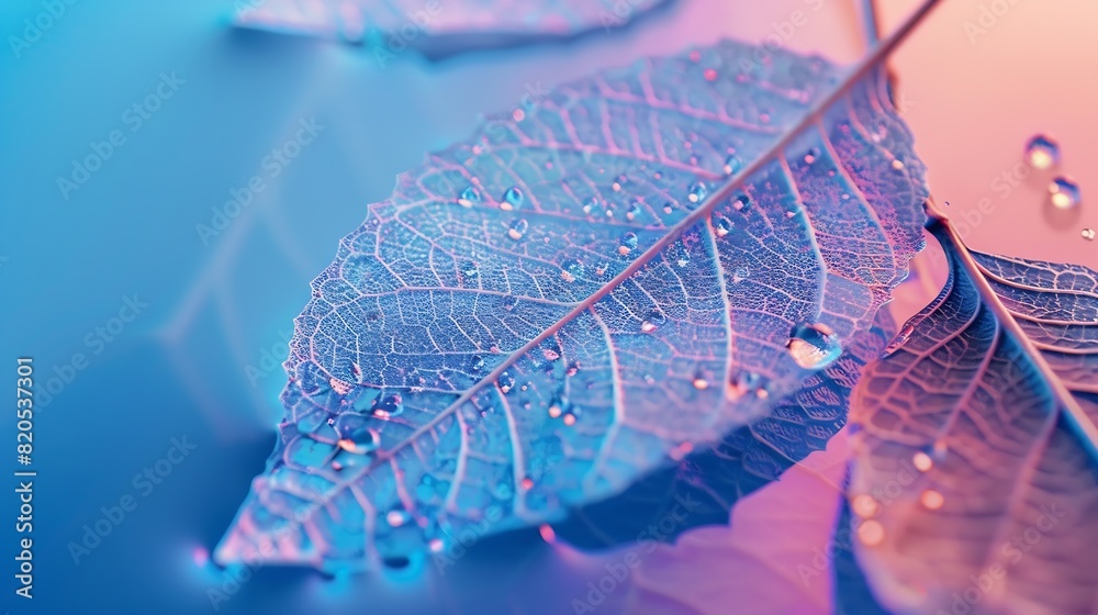 Aufkleber transparent skeleton leaf with beautiful texture on a blue and pink background glass with shiny wate