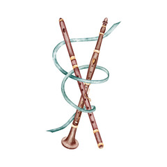 Vintage clarinet and flute with a blue ribbon. Period music instruments. Hand drawn watercolor illustration on transparent background. For concert or musical program, exam certificates, card prints