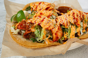 A closeup view of kimchi tacos.