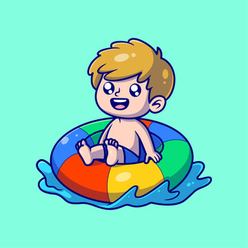 recommend clip art: Cute Boy with a life vest cartoon illustration. Summer icon concept. Flat cartoon style