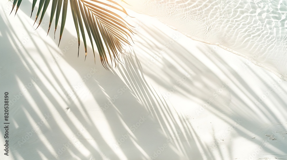 Aufkleber palm leaf shadow on abstract white sand beach background sun lights on water surface beautiful abstr