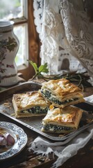 Albanian byrek, spinach and feta in flaky pastry, served on a vintage metallic tray, old kitchen table, morning light filtering through lace curtains