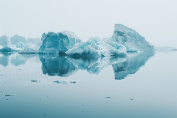 A tranquil icy landscape with icebergs in clean white and blue color tone. 