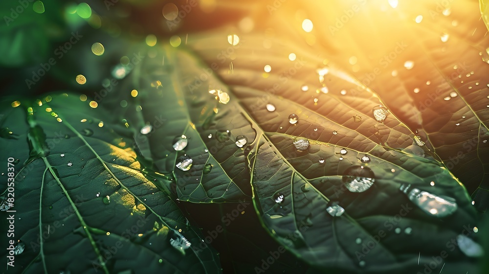 Poster large beautiful drops of transparent rain water on a green leaf macro drops of dew in the morning gl