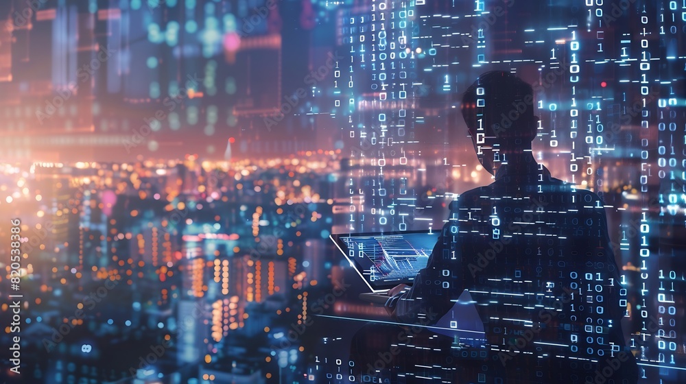 Poster Business and technology software development IoT concept Double exposure man programmer software developer working on digital tablet and smart city with binary html computer code on sc : Generative AI