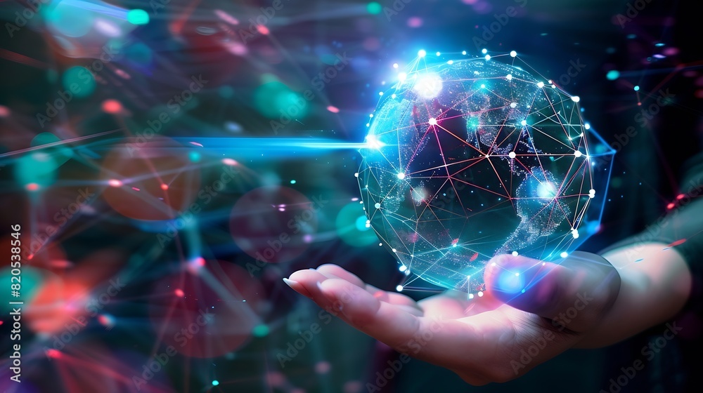 Leinwandbilder metaverse virtual technologywoman hand holding global network connection internet communication wire