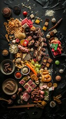 An overhead layout of various Japanese snacks and candies spread out on a dark textured surface, creating a tapestry of flavors and colors