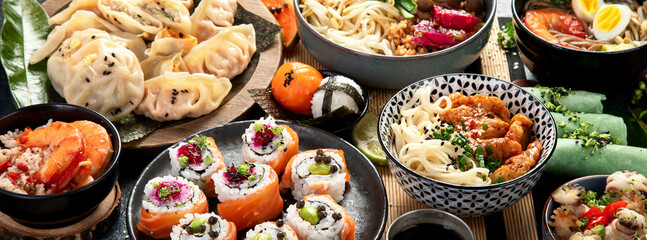 Chinese cuisine dishes on table. Asian food concept.