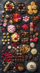 An overhead layout of various Japanese snacks and candies spread out on a dark textured surface, creating a tapestry of flavors and colors