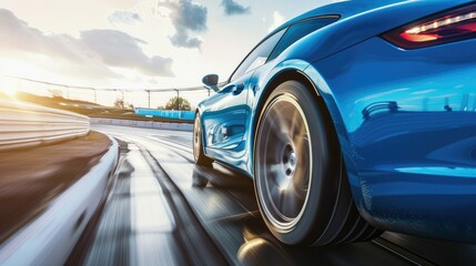 High speed rear view of a blue business car making a turn along a highway. 