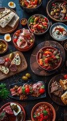 Artistic composition of Spanish tapas, variety of small dishes spread out on a dark oak table, vibrant colors, intimate lighting for a cozy ambiance