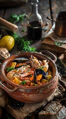 Aromatic French bouillabaisse in a large terracotta pot, seafood prominently displayed, rustic coastal kitchen, early evening lighting