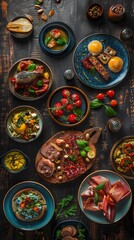 Artistic composition of Spanish tapas, variety of small dishes spread out on a dark oak table, vibrant colors, intimate lighting for a cozy ambiance
