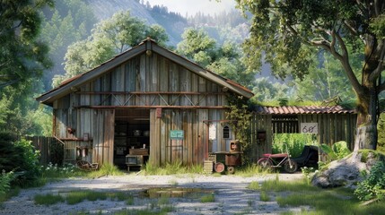 Retro wooden rustic old garage. Generative AI