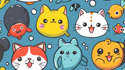 A seamless pattern of cute cartoon cats and fish on a blue background