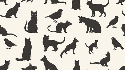 A seamless pattern with black silhouettes of cats, birds and mouse on a beige background