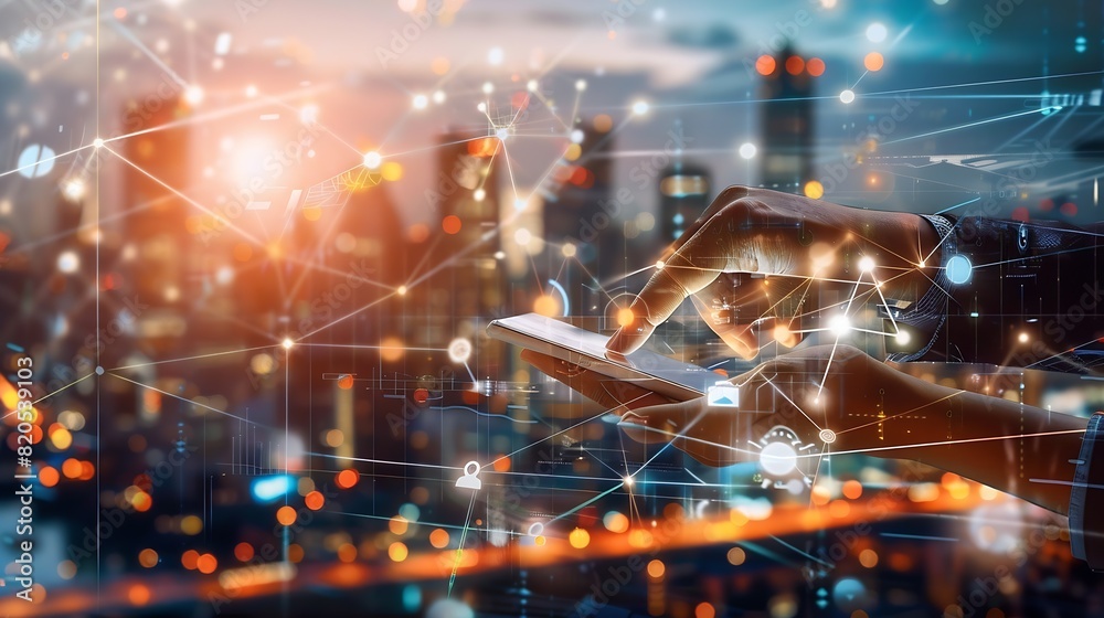 Poster Digital technology Business network connection Teamwork Deal Partnership and data exchange Investment analysis planning and  strategy Businessman working with digital device on smart c : Generative AI
