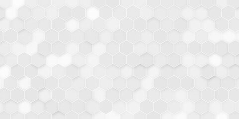 Modern stylish hexagonal background wallpaper. White abstract background with hexagons. Geometric backdrop 3D. Vector illustration with honeycomb in realistic style. White wall. Horizontal banner.