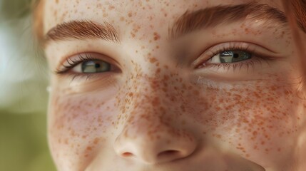 Cheerful freckled young woman looking away smiling laughing Close up of upper face Cropped shot of teenage girl with dry spotted facial skin Skincare natural beauty eye care vision con : Generative AI