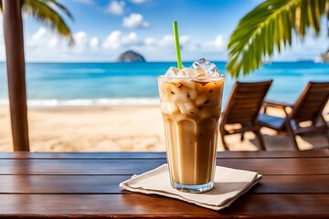 Beach bar's iced cold coffee against a tropical sea view, ai generative