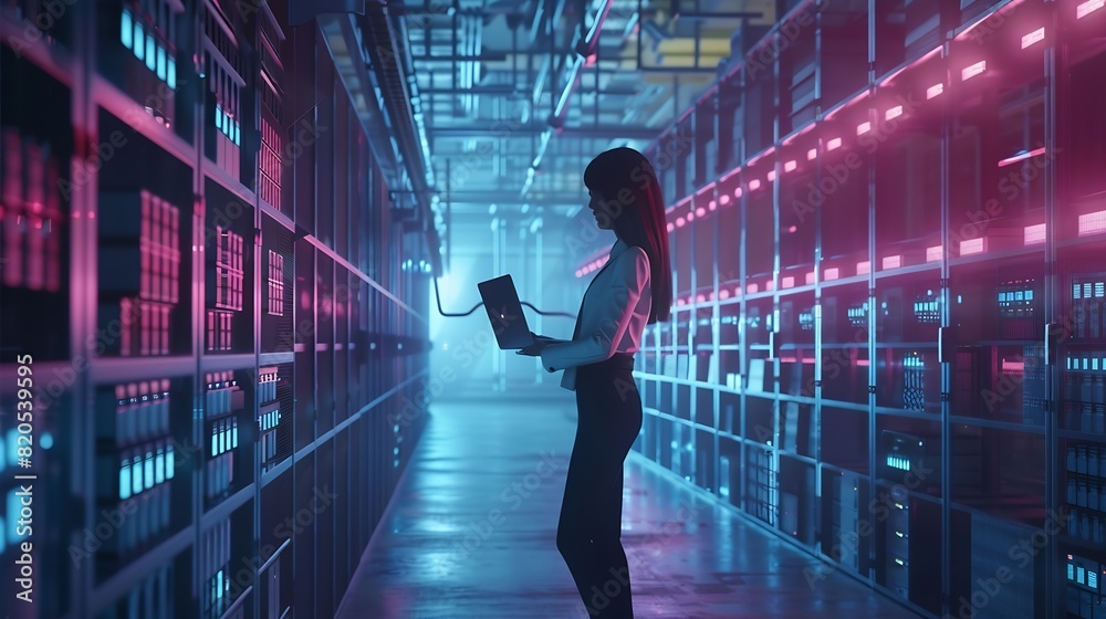 Fototapete 3d graphics concept big data center female chief technology officer using laptop standing in warehou