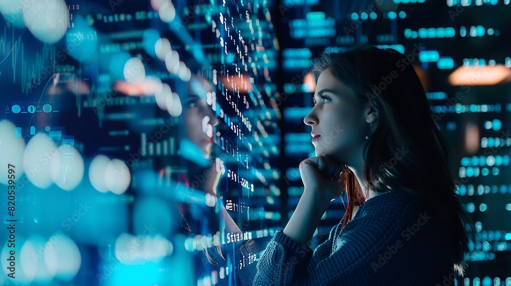 Leinwandbilder Computer code hologram and woman thinking of data analytics information technology or software overlay at night Laptop solution and IT people with algorithm statistics and cybersecurit : Generative AI