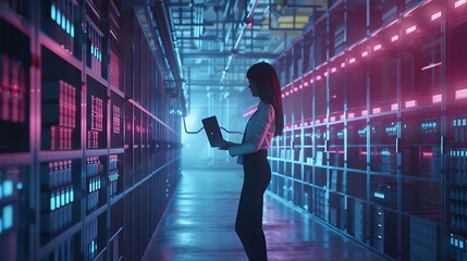 3D Graphics Concept Big Data Center Female Chief Technology Officer Using Laptop Standing In Warehouse Activates Servers Information Digitalization Starts SAAS Cloud Computing Web Serv : Generative AI