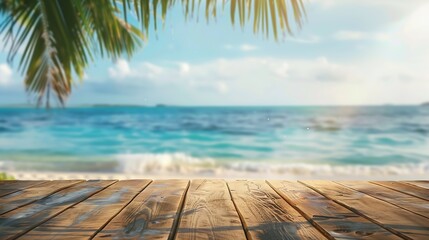 Fototapeta premium Top of wood table with seascape and palm tree blur bokeh light of calm sea and sky at tropical beach background Empty ready for your product display montage summer vacation background : Generative AI