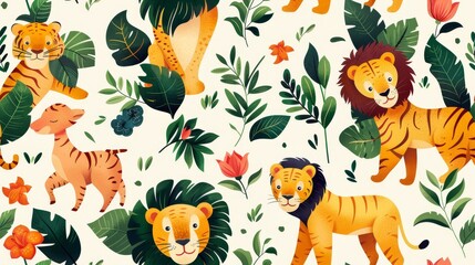 Cute cartoon seamless pattern with safari animals, tropical leaves and flowers. Perfect for nursery, kids room or summer vibes projects.