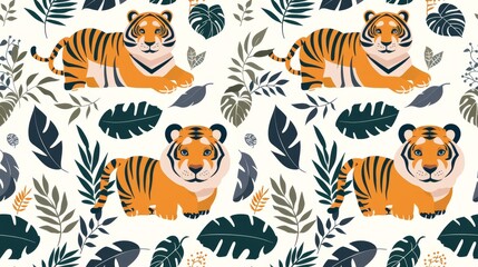 Obraz premium Cute cartoon tiger seamless pattern. Vector illustration with wild animals. Perfect for kids apparel, nursery decor, wrapping paper.
