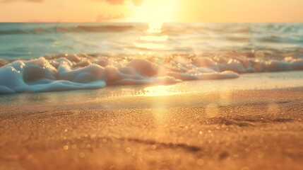 Closeup sea sand beach Panoramic beach landscape Inspire tropical beach seascape horizon Orange and golden sunset sky calmness tranquil relaxing sunlight summer mood Vacation travel ho : Generative AI