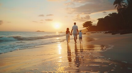 A elegant family in white summer clothing walks hand in hand down a tropical paradise beach during sunset tme and enjoys their vacation time : Generative AI