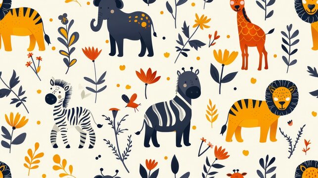 Cute cartoon seamless pattern with african animals. Vector illustration with zebras, elephants, giraffes and lions.