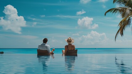 vacation couple on the beach near swimming pool luxury travel : Generative AI