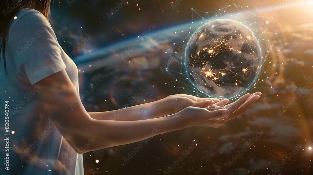 Leinwandbilder woman hand holding virtual global internet connection metaverse business global internet connection 
