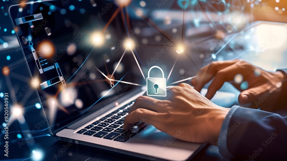 Poster Cyber security network Data protection concept Businessman using laptop computer with digital padlock on internet technology networking with cloud computing and data management cyberse : Generative AI