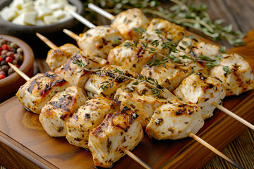 Cooked chicken skewers with spicy sticky glaze on wooden cutting board