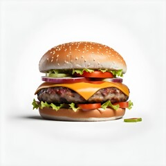 Classic burger with beef cutlet vegetables and onions isolated on a white background