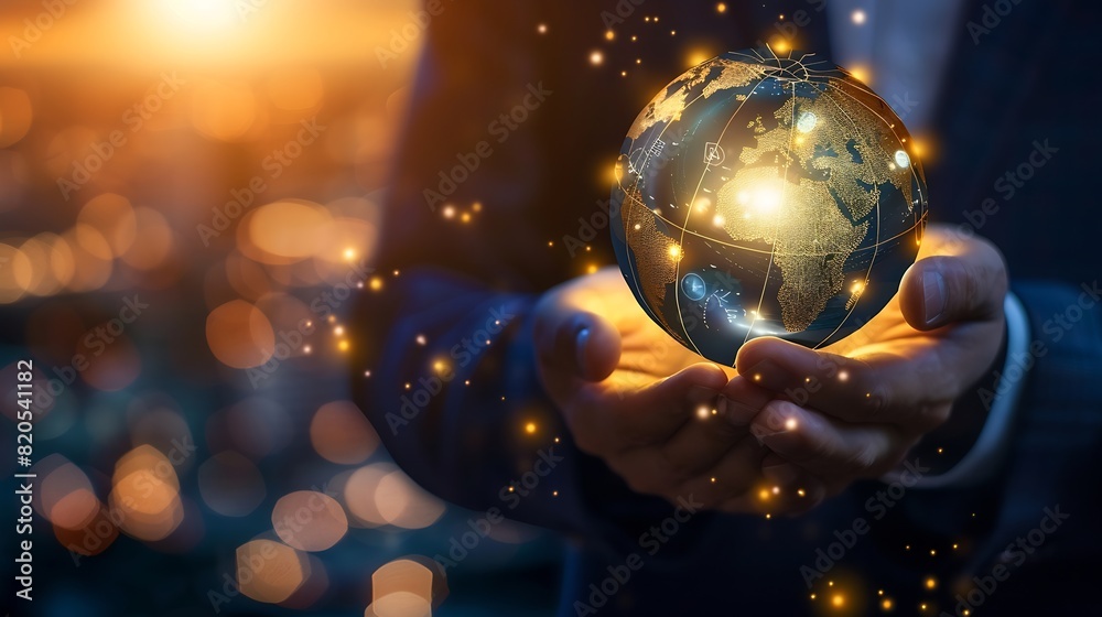 Poster Businessman holding global network connection on social networking and customer data analytics Business strategy and smart intelligence digital marketing Technology and global business : Generative AI