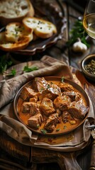 Czech Svickova, slices of beef in a creamy vegetable sauce, served with bread dumplings, traditional tavern setting, warm and inviting