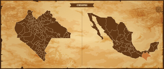 Chiapas state map, Mexico map with federal states in A vintage map based background, Political Mexico Map