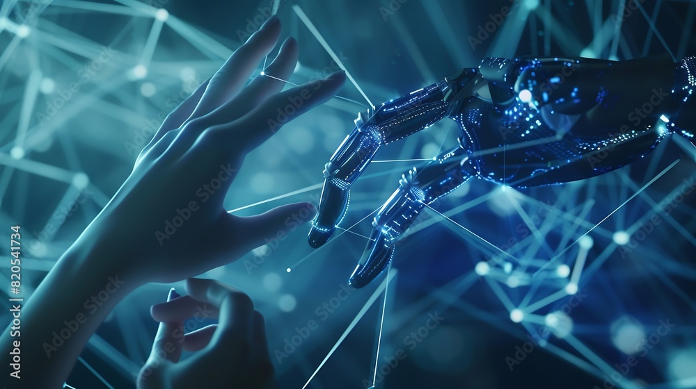 Poster AI Machine learning Hands of robot and human touching big data of Global network connection Internet and digital technology Science and artificial intelligence digital technologies of  : Generative AI