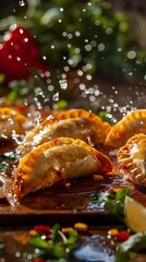 Empanadas, filled with chicken or beef, vibrant Latin American street festival