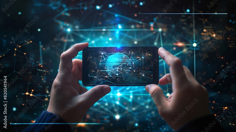Poster Metaverse and Blockchain Technology Concepts Person with an Experiences of Metaverse Virtual World via Smart Phone Futuristic Tone Conceptual Photo : Generative AI