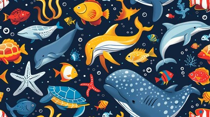 Underwater life. Seamless pattern with hand drawn ocean animals. Vector illustration.
