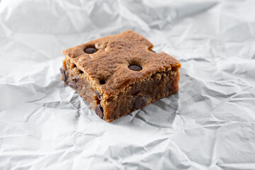 A view of a chocolate chip cookie brownie.