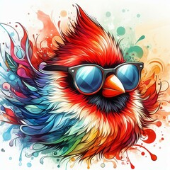 Cartoon Cardinal Bird: Abstract Watercolor Painting with Colorful Details and Sunglasses, Perfect for T-shirt Prints or High-Quality Wall Art.
