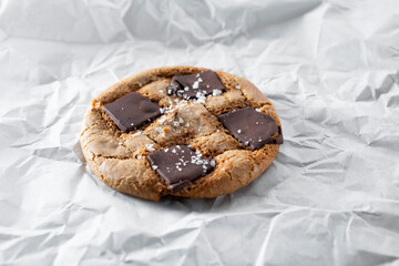 A view of a chocolate chip cookie.