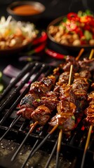 Grilled satay skewers, chicken and beef, served with peanut sauce and cucumber salad, vibrant street food market at night