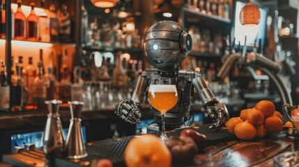 The picture of the robot that working as the bartender at the bar also serving the beverage or cocktails, the bartender require skill ingredient knowledge, menu development and flavor pairing. AIG43.